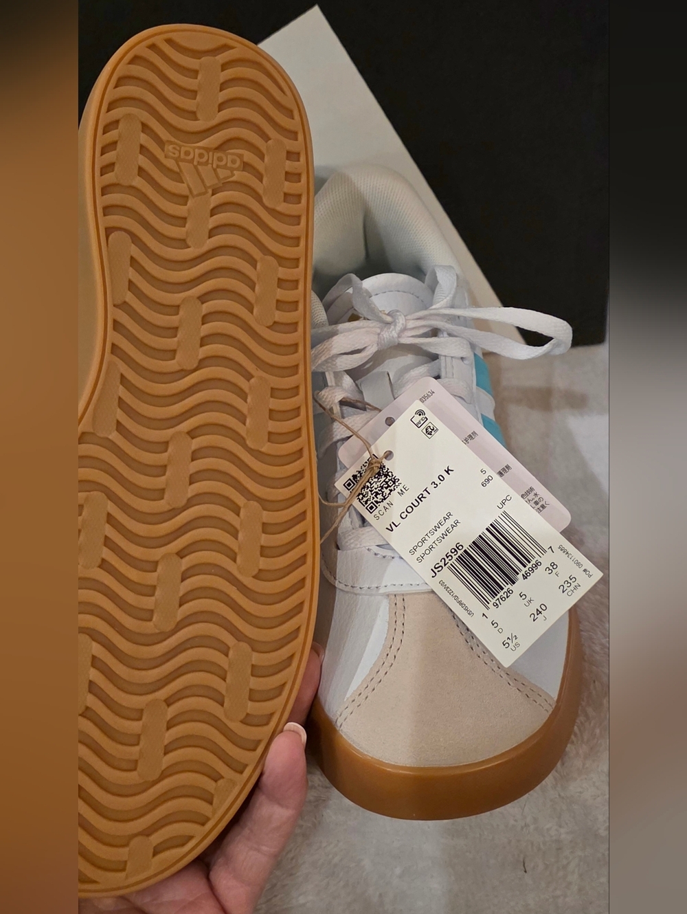 adidas White Sneakers with Aqua Stripes and Gum Sole - Picture 7 of 8